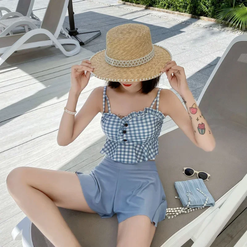 Strój kąpielowy damski Bikini Monokini Dwuczęściowy zestaw Koreański styl Kawaii Sukienka Push Up Spódnica do pływania Strój kąpielowy w kratę Strój