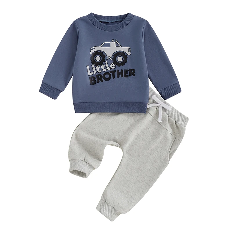 Baby Boy 2Pcs Fall Outfit Long Sleeve Truck Print Sweatshirt Pocket Pants Set Brother Matching Clothes