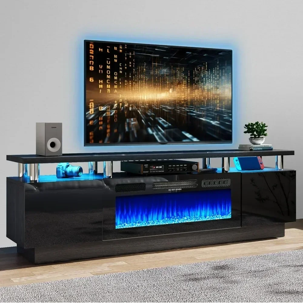 Modern Electric Fireplace TV Cabinet with Electronic Flame and LED Lights, Living Room TV Cabinet, Black, 70 Inch