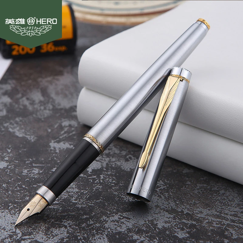 

Hero 200A Stainless Steel Barrel Fountain Pen 14K Gold Nib Fine Nib 0.5mm Office School Writing Tool Gift Box Pen Set Accessory