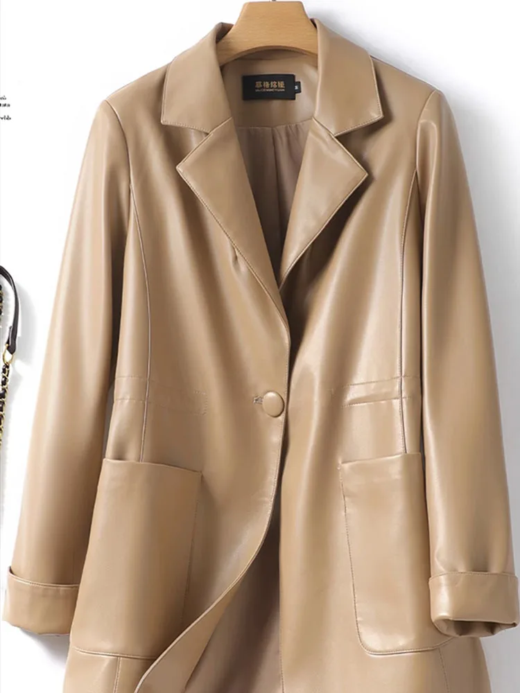 Płaszcz damski garnitur kołnierz w talii ściągany średniej długości pojedyncza skórzana marynarka 2025 Wiosna i jesień nowy modny płaszcz