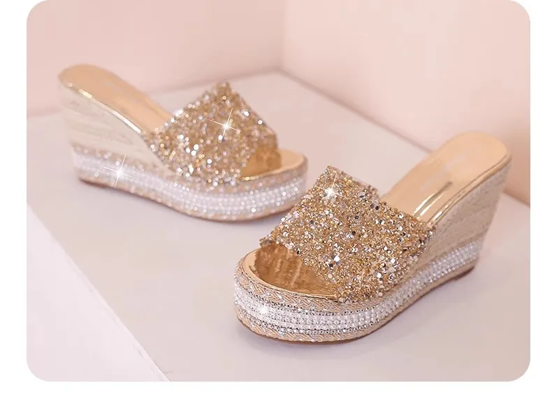 Platform Sandals Women 8cm Rhinestone Slippers Female Summer Pumps Fashion sandalias sexys de mujer Genuine Leather Women Slides