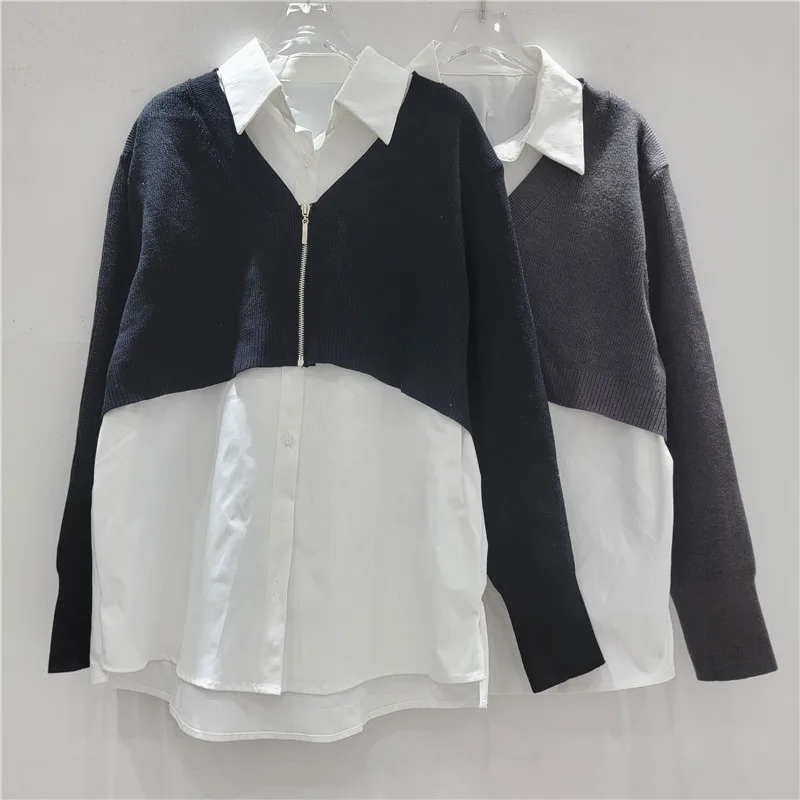 

SuperAen New 2025 Autumn Korean-style Knitting Patchwork Shirt for Women Loose Casual Oversize Simple Shirts