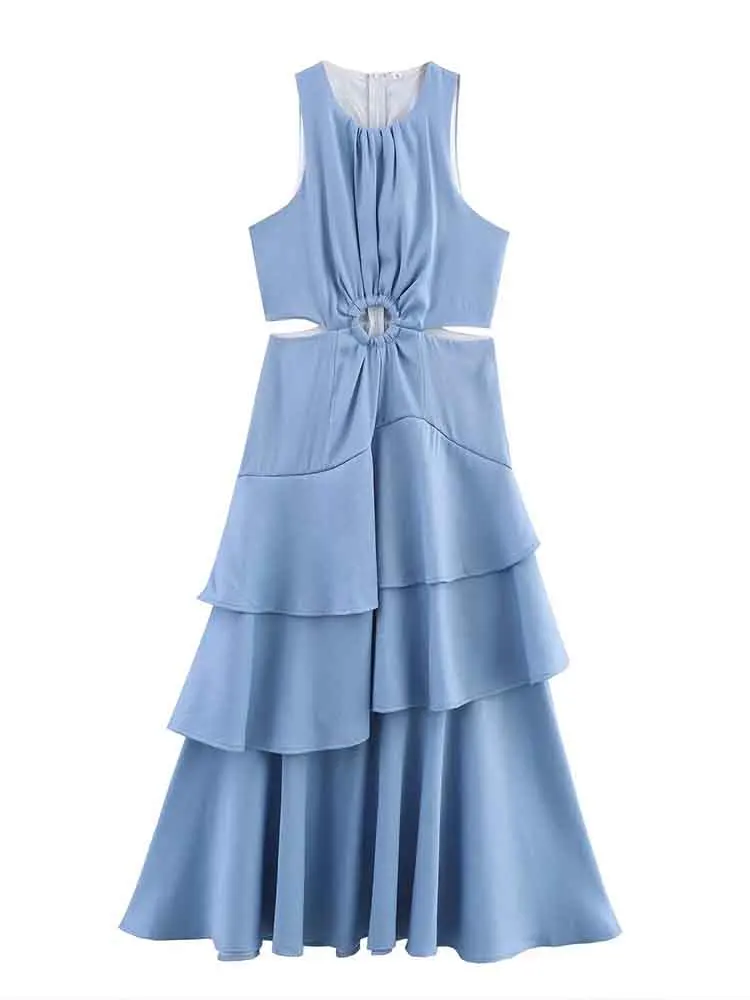 

European style new women's fashion versatile temperament sleeveless round neck waist slim solid color dress