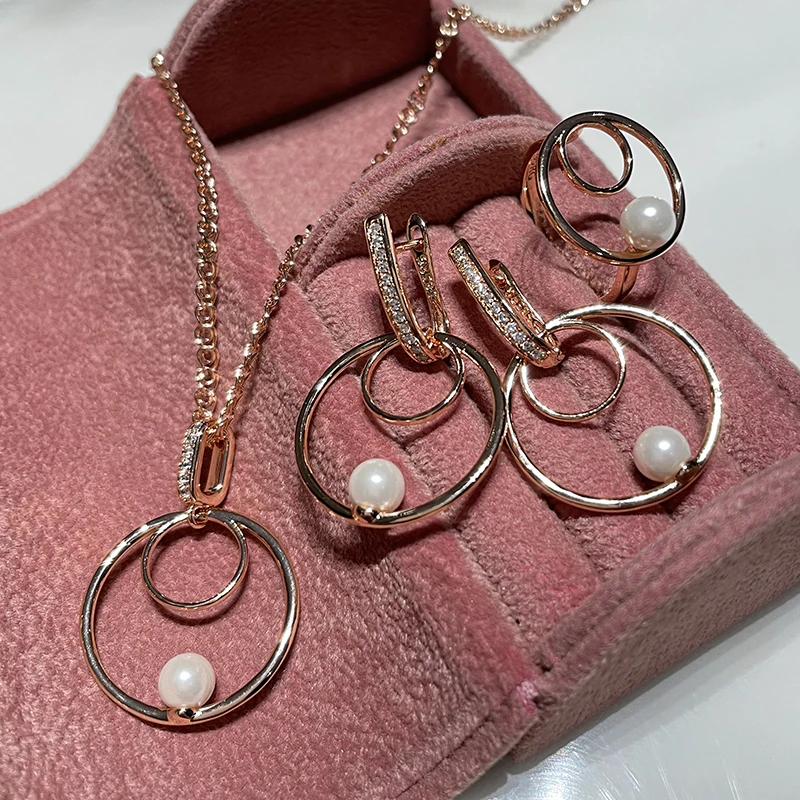 SYOUJYO Pearl Round Natural Zircon Micro Wax Setting Earrings For Women 585 Rose Gold Color Luxury Ethnic Daily Fine Jewelry