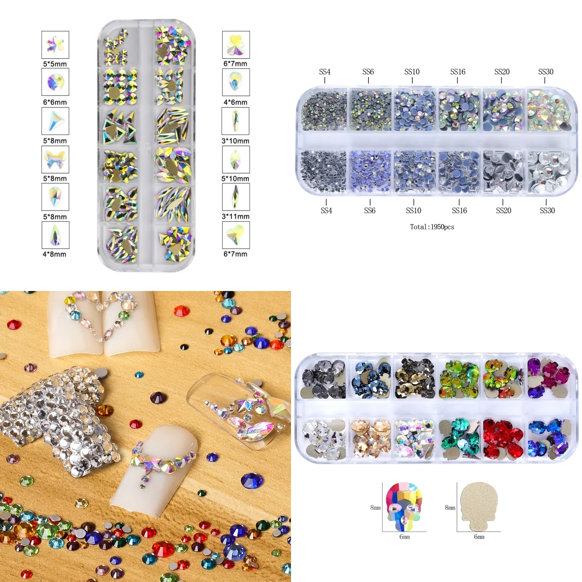 12칸 혼합 모양 크기 네일 아트 라인스톤 크리스탈 3D 글리터 다이아몬드 장식 네일 부품 액세서리 의류용