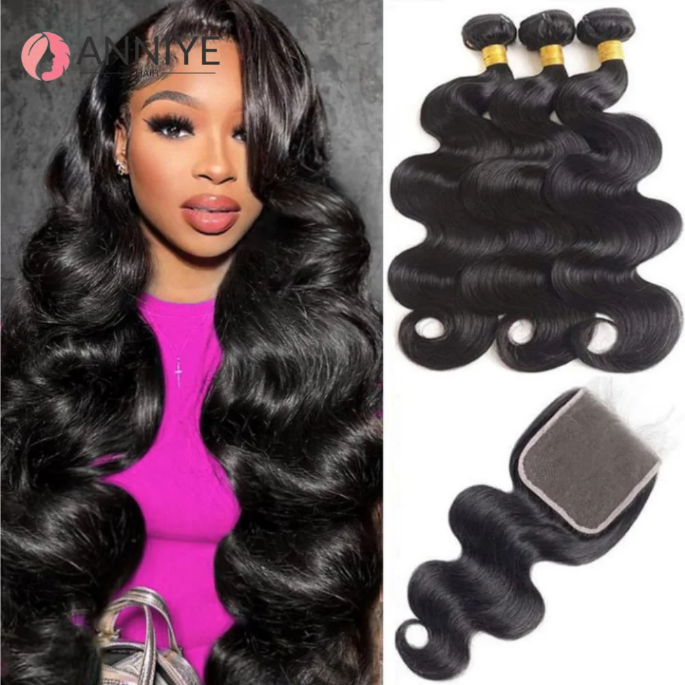 

Body Wave 3 Bundles With Closure Wet And Wavy Virgin Body Wave Loose Deep Wave 100% Human Hair Bundles With Closure Remy Hair