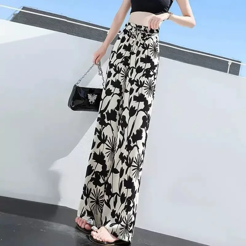 

Thin Spring Loose Waist Draw String Printing Casual Trousers for Women High Waisted Streetwear Wide Leg Straight Trousers Z192