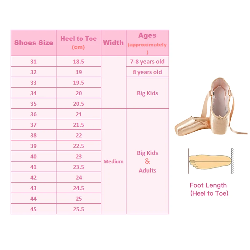 Professional Pink Satin Ballet Shoes for Girls, Pointe Toe, Pointe, Silk Ribbon, Toe Pad, New
