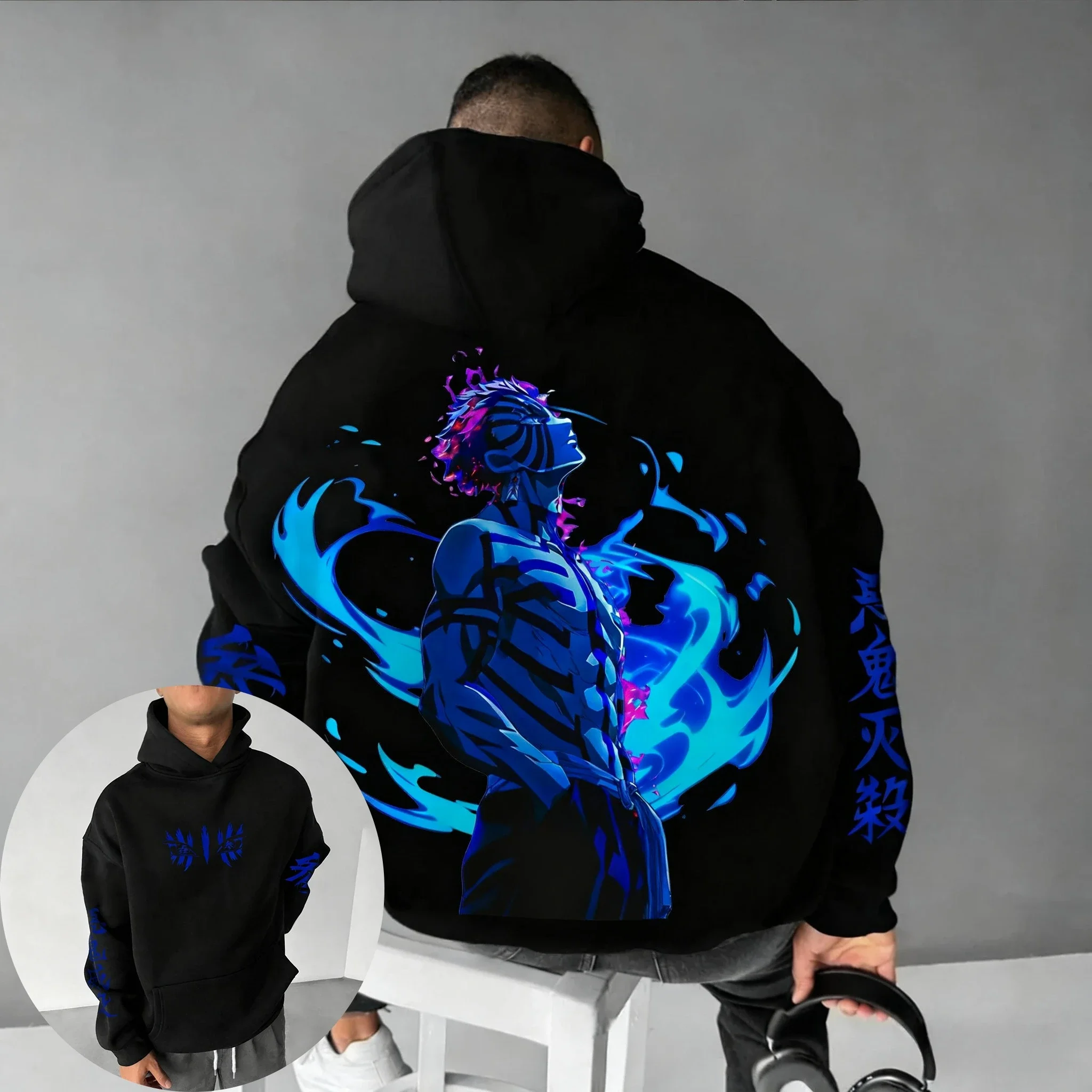 Demon Slayer Anime Akaza Printed Hoodie 2025 Autumn/Winter New Harajuku Plus-Size Trend Loose Parent Child Top for Men and Women