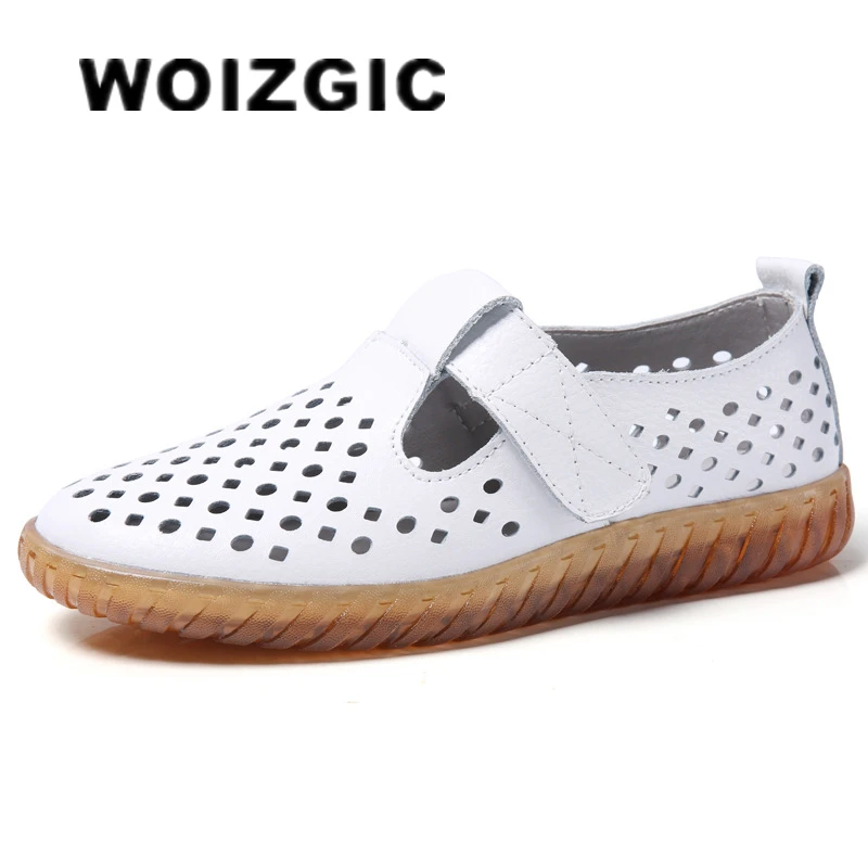 WOIZGIC Women\'s Mother Female Genuine Leather White Shoes Sandals Loafers Moccasins Hook Loop Outdoor Cool Beach Summer Hollow