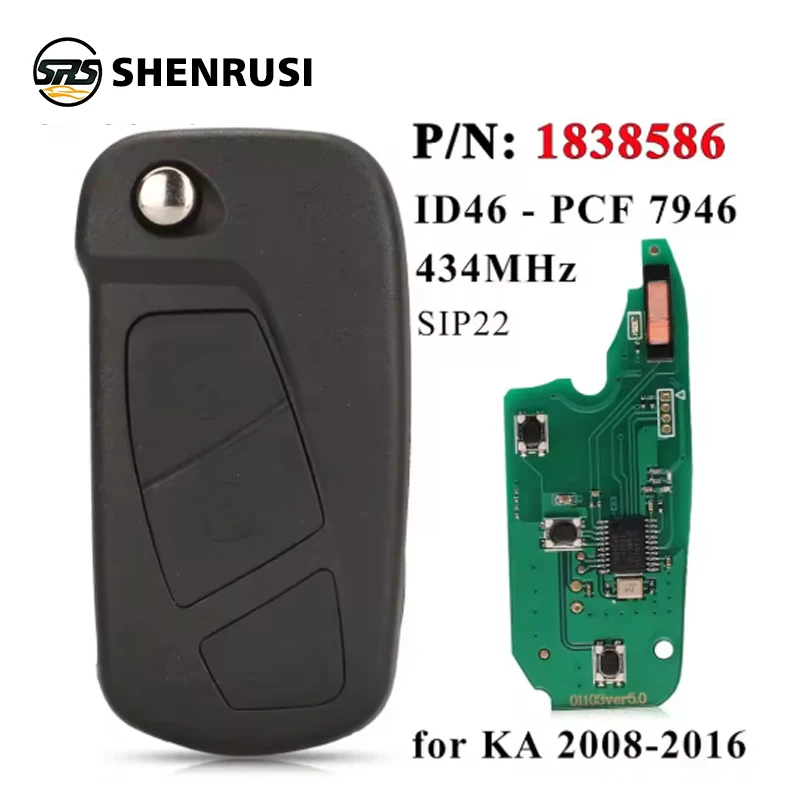 

YONSEN 1838586 433MHz ID46-PCF7946 Chip Flip Car Key For Ford KA 2008-2016 SIP22 3 Buttons Remote Folding Key Control Fob