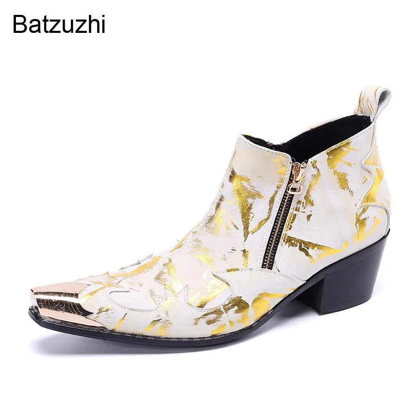 Batzuzhi 6.5cm High Heels Men Boots Shoes Pointed Metal Toe Genuine Leather Ankle Boots Men Golden Party/Wedding Botas Hombre