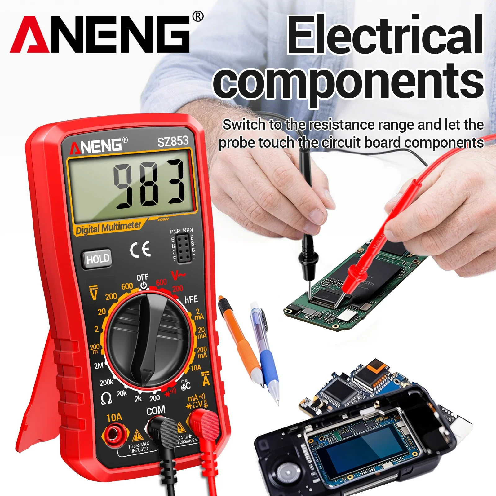 ANENG SZ853 Handheld Multimeter Temperature Measuring Meter HFE Transistor Test Low Battery Indication Electrician Multitester
