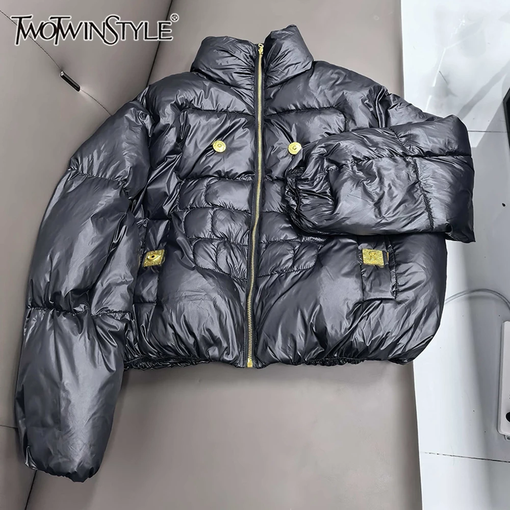 

TWOTWINSTYLE Designer Slimming Solid Down Jackets For Women Stand Collar Long Sleeve Winter Warm Coat Female Fashion KJA549832