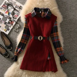 Plaid Flare Sleeve Single Breasted Blouse Shirt Knitted Pullover Vest Women's Dress Sets Korean Fashion Short Suit Two Piece Set