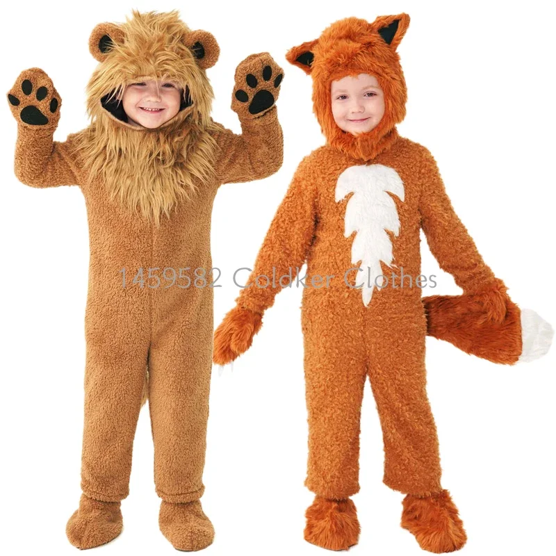 

Kid Fleece Furry Lion Fox Costume for Child Toddler Jumpsuit Animal Story Book Themed Party Cosplay Halloween Purim Carnvial