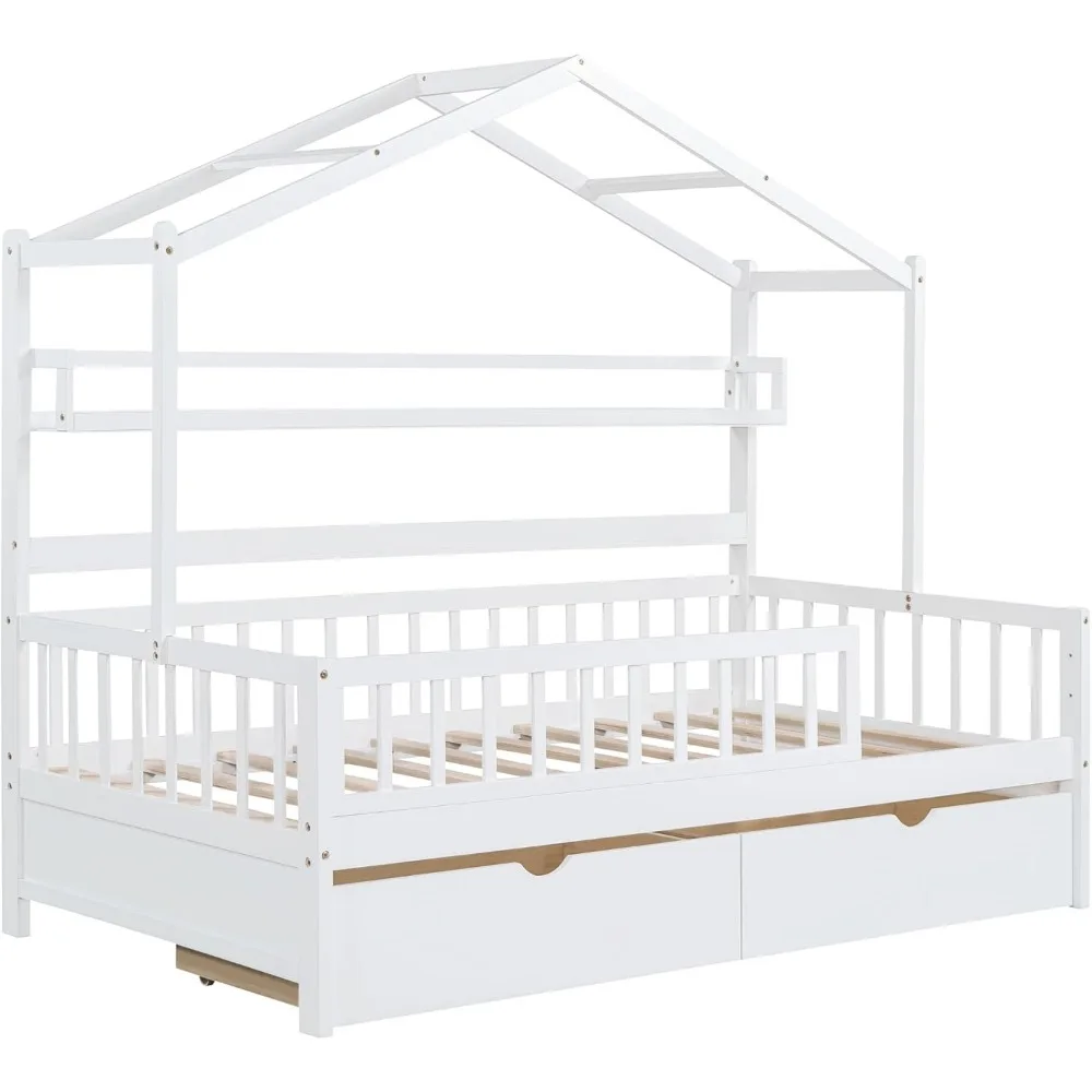 Lit double avec 2 tiroirs, cadre de lit pour enfants en bois avec étagère de rangement