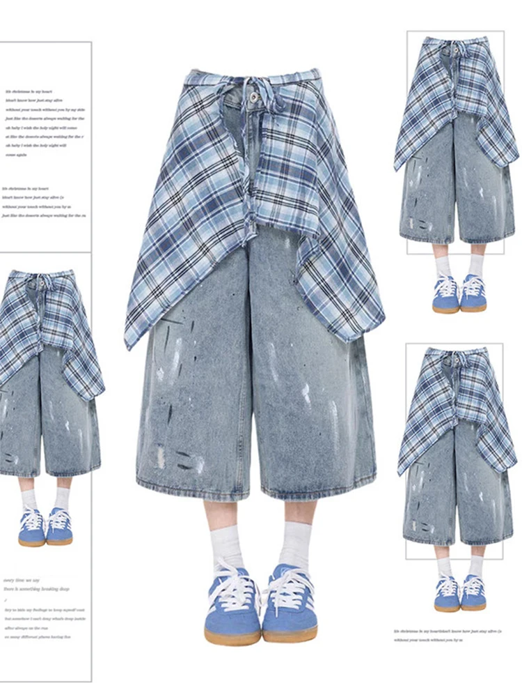 

Американские ретро-джинсы в клетку, женские летние брюки средней длины, с высокой талией, широкие прямые штанины