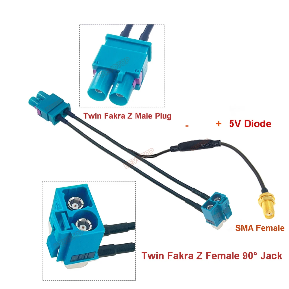 BEVOTOP Twin Fakra Z Male Female to SMA Female Splitter cables With Diode Custom-made RF Coaxial Cable Jumper