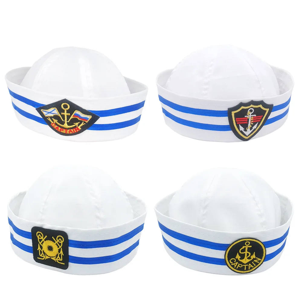 

Military Hat Army Peaked Striped blue ribbon sailor cap domed white melon rind rolled-up brim naval style captain 8M158
