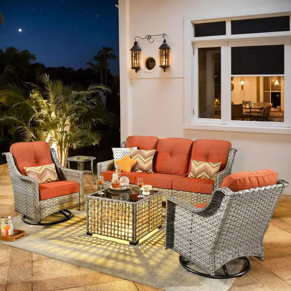 5-Piece Outdoor Patio Furniture Set with Swivel Rocking Chair, High Back Couch, and Glowing Coffee Table, Rattan Wicker 3-Seater