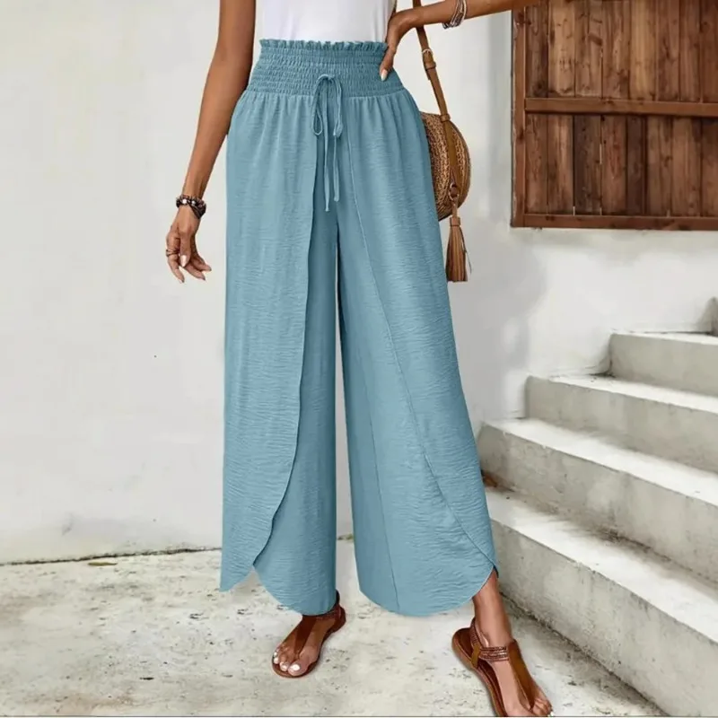 High Waist Elastic Drawstring Casual Trousers for Summer Vacation Outfit Clothing with Asymmetric Hem Women's Wide Leg Pants