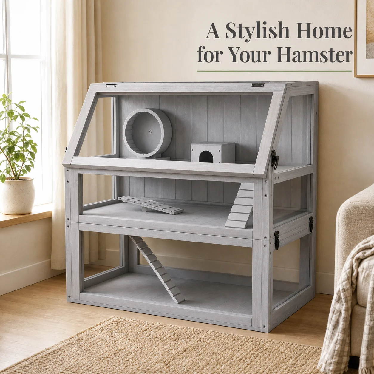 Cage à hamster en bois à 3 étages avec base profonde, niveaux amovibles pour petits animaux, 80x50x76cm, gris clair