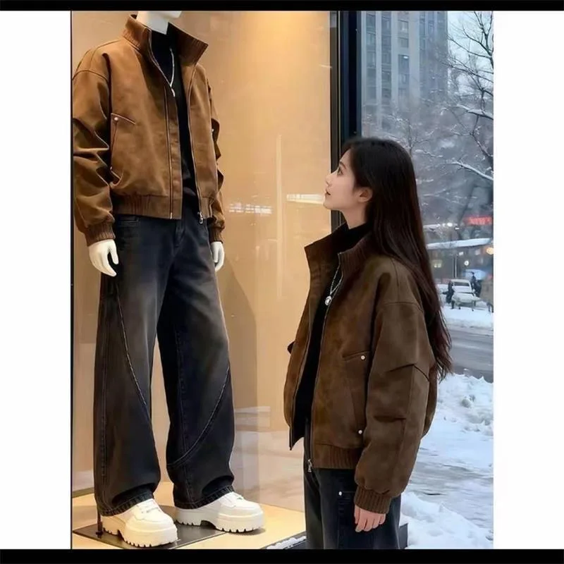 

Retro Stand Collar PU Leather Jaet Men's Thiened Fce Lined Large Size Motorcycle Casual Outerwear Top