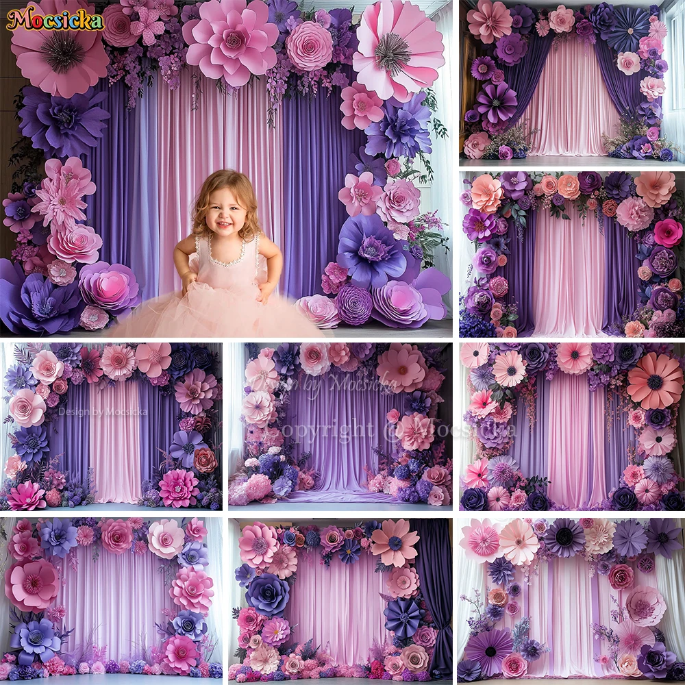 

Wedding Photography Background for Girls Purple Pink Floral Curtain Backdrop Kids Birthday Party Bridal Show Photozone Studio