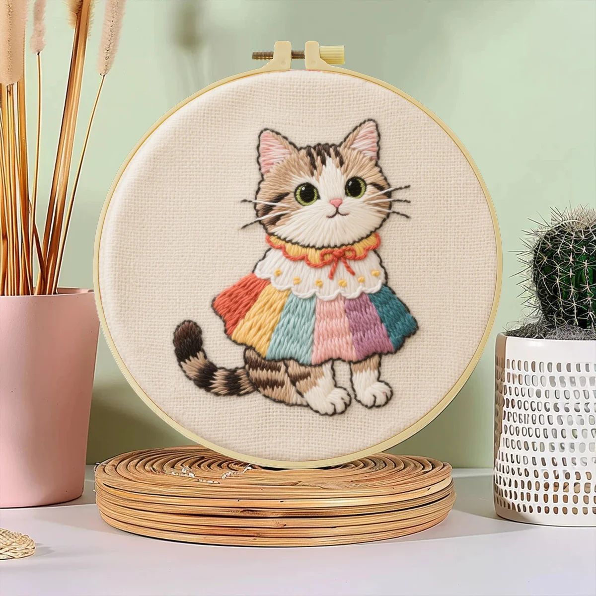 1 Stück 20x20 cm/7,87 Zoll Niedliches Katzen-Stickerei-Starter-Kit DIY-Set für Anfänger Heimdekoration Nähkunst – Detail 1