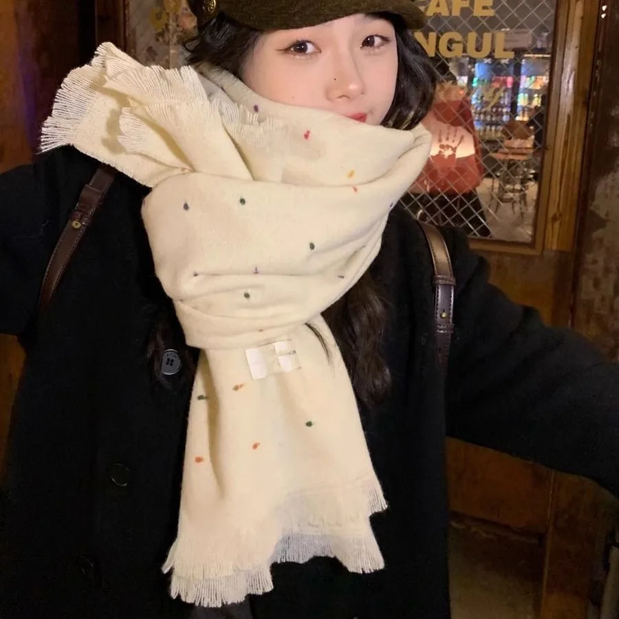 

Gypsy White Scarf Women's Autumn and Winter New Polka Dot Tassel Korean Version Shawl Dual-purpose High-end