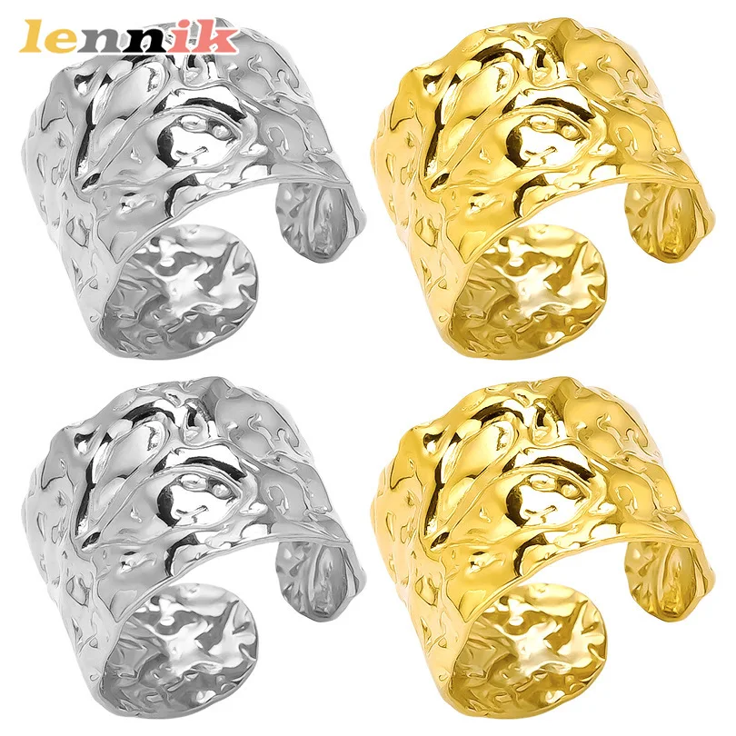 LENNIK 304 خاتم هندسي غير منتظم من الفولاذ المقاوم للصدأ، خاتم شخصية متخصص مبالغ فيه للنساء، خاتم من الفولاذ التيتانيوم
