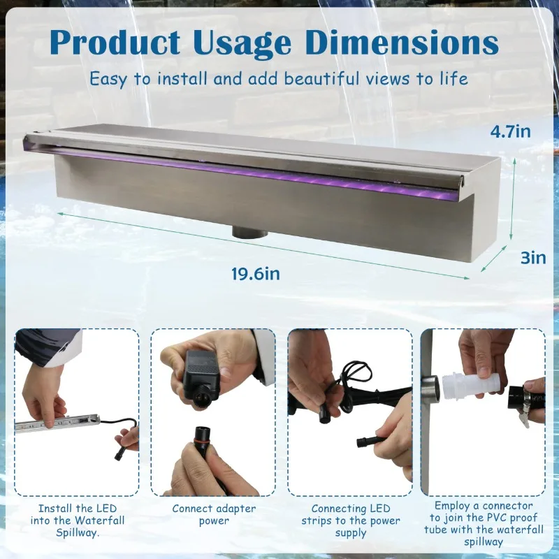 Pool-Wasserfall-Spülbahn, Teichwasserfälle aus Edelstahl mit mehrfarbigem LED-Licht, Außenpoolbrunnen für Garten, Terrasse