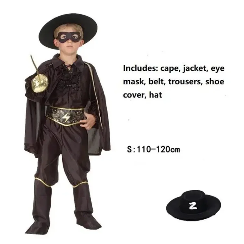 Zorro Cosplay Costume pour hommes et femmes, vêtements pour sans-abri, veste cape, masque pour les yeux, ceinture, fjHat, habillage de fête pour enfants, noir