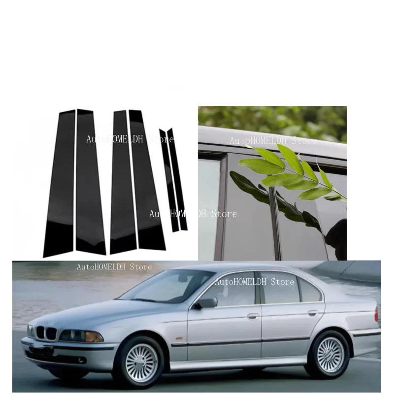 6PCS Glossy Black Pillar Posts Fit For BMW 5-Series E39 1997 1998-2003 Window Moulding B C Center Sticker Cover Silver Carbon