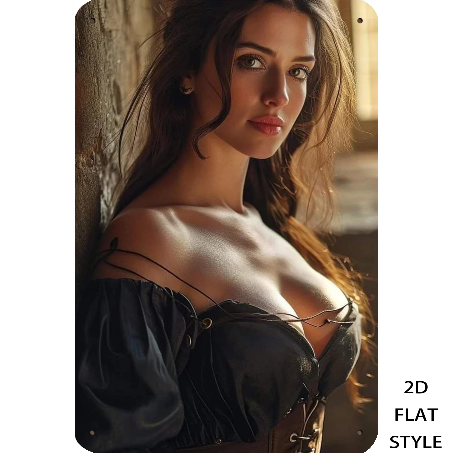 （2D Tin painting）HD Metal Tin Sign Seductive Medieval Woman in Black Off-Shoulder Corset Rustic Stone Wall Scene Vintage Wall