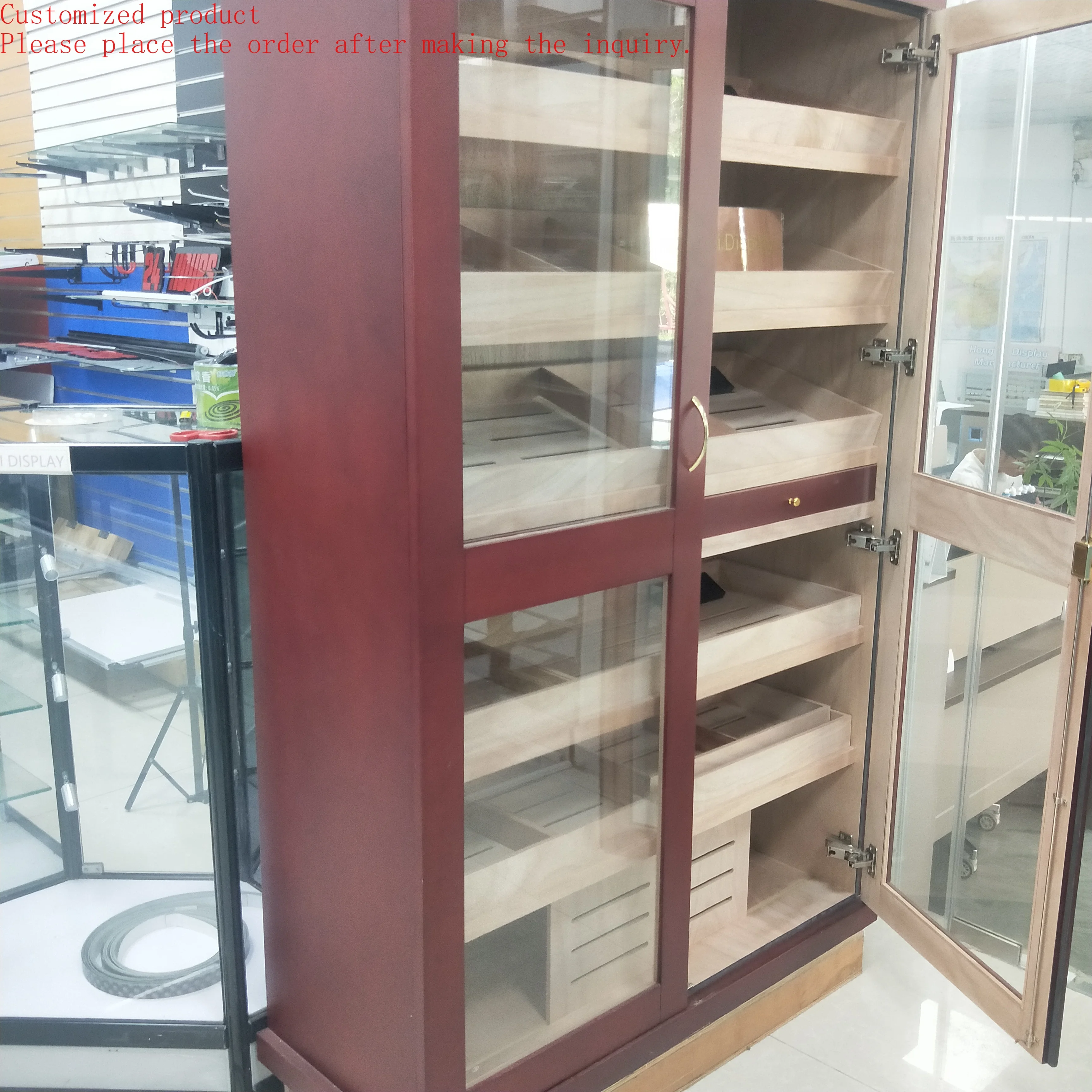 

Custom.Solid Wooden High Showcase With Pull Out Drawer Eco-Friendly Durable Display Racks for Smoke Store Display Retail Store D