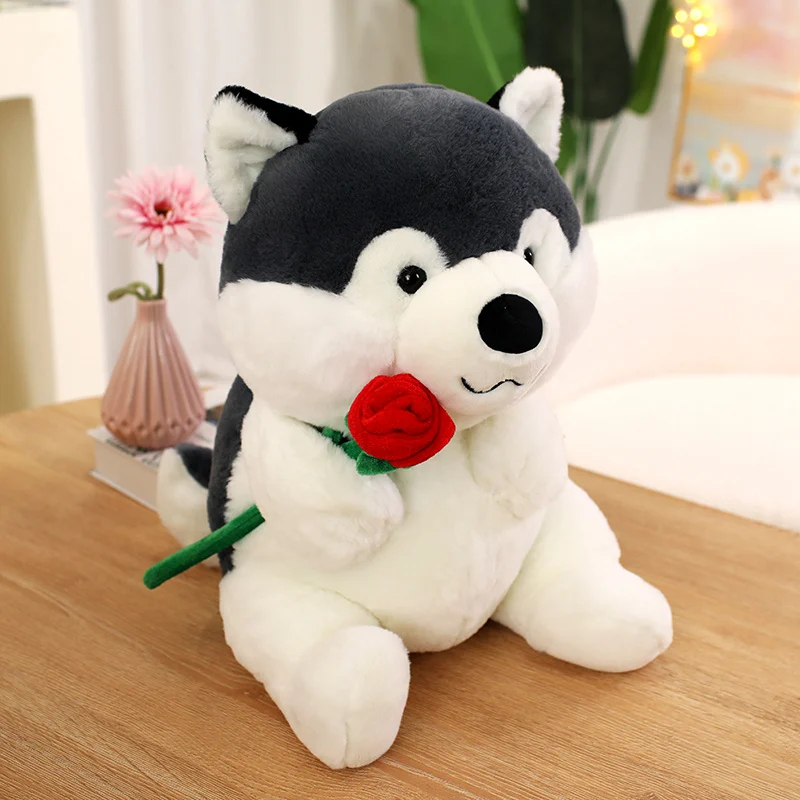 

Romantic Rose Husky Plush Toys Cozy Cotton Stuffed Sitting Pose Doggy Doll Warm Cuddly Huggable Doll Sweet Valentine's Day Gift