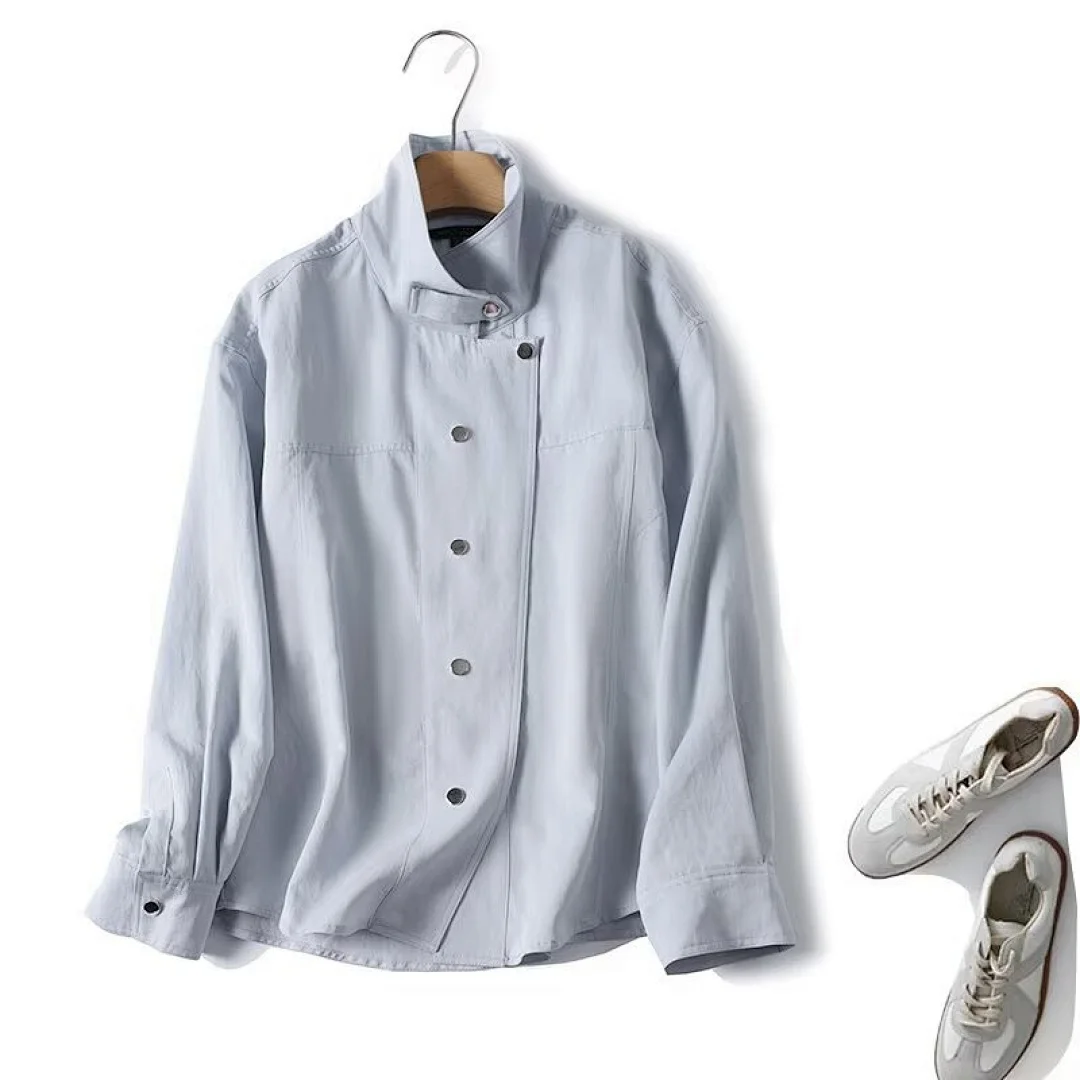 

Модные офисные рубашки и блузки Jenny&Dave для женщин, элегантные французские рубашки с воротником-стойкой, минималистичная женская одежда, рубашки небесно-голубого цвета, T-образные рубашки