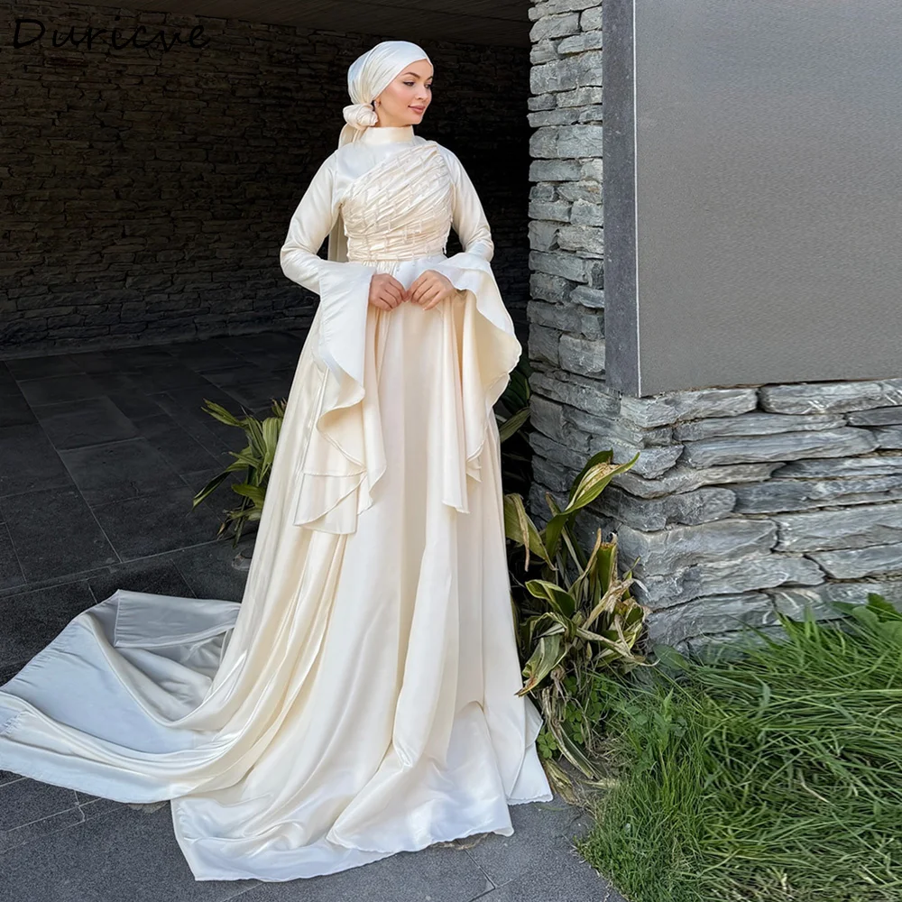 Duricve Customized Light Champagne Muslim Evening Dresses Diamond Long Sleeves High Neck A-Line Modest Formal Prom Gown robe de