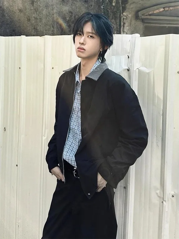 

American Sle Bla Plaid Splicing Men's Jaet Autumn Haome High-End ort Flight Jaet Cleanfit Loose Fit Long Sve