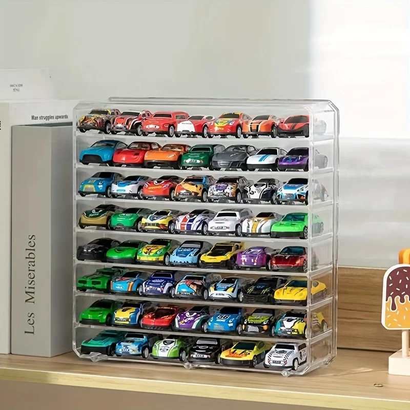 Contemporary Style Plastic Display Stand for Model Cars, Multi-Layer Transparent Storage Organizer with Dividers