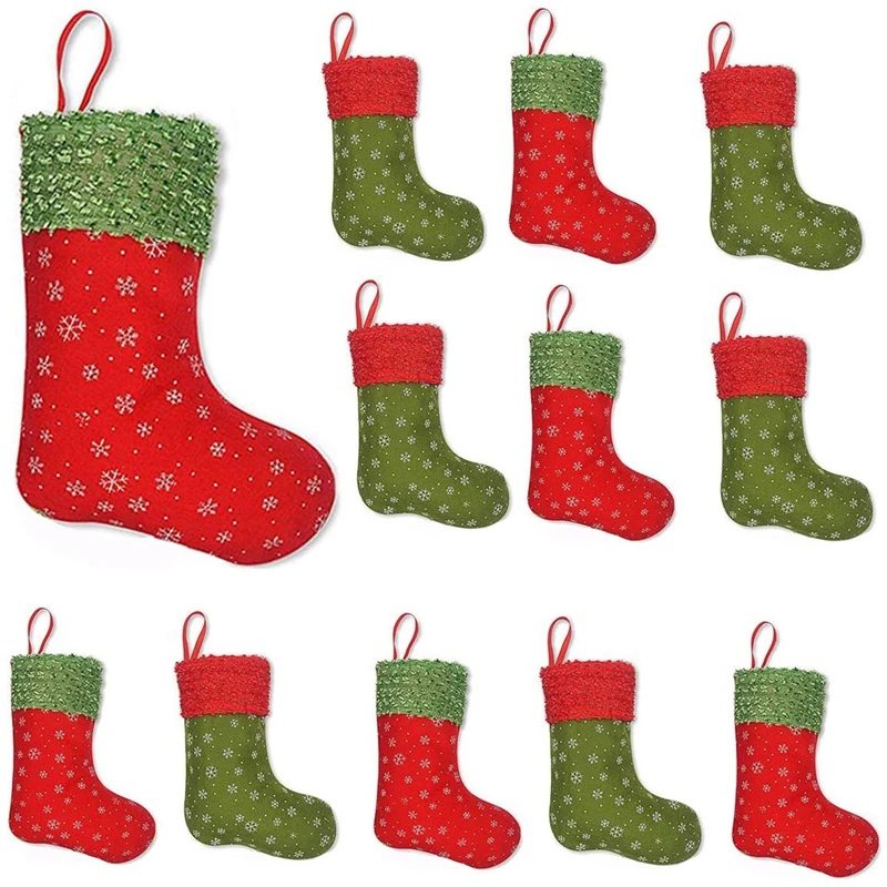 Mini Christmas Stockings with Snowflake, 9 Inch Party Decorations/Gift Bags, Red & Green, 12PCS