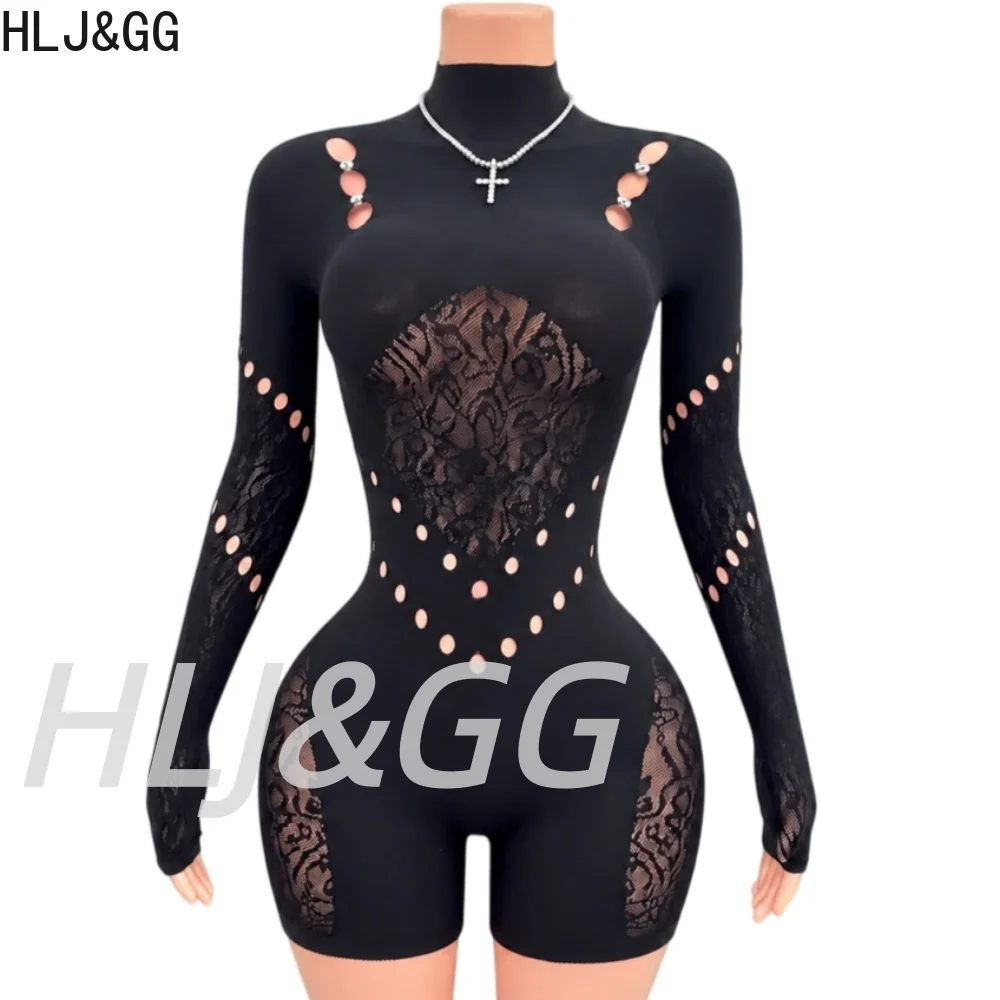 HLJ&GG Women's Sexy Lace Patchwork Short Romper High Neck Long Sleeve Cut Out Hole Detail Bodycon Jumpsuit Club One Piece Outfit
