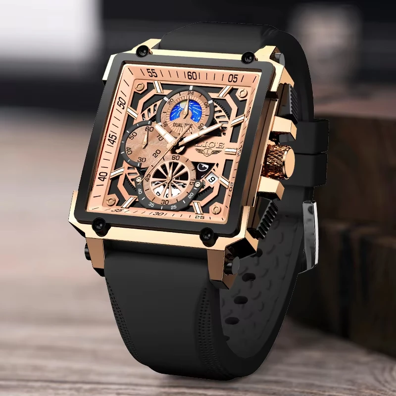 LUIK herenhorloges siliconen band militaire chronograaf waterdicht vierkant herenhorloge topmerk luxe analoog quartz horloge + doos