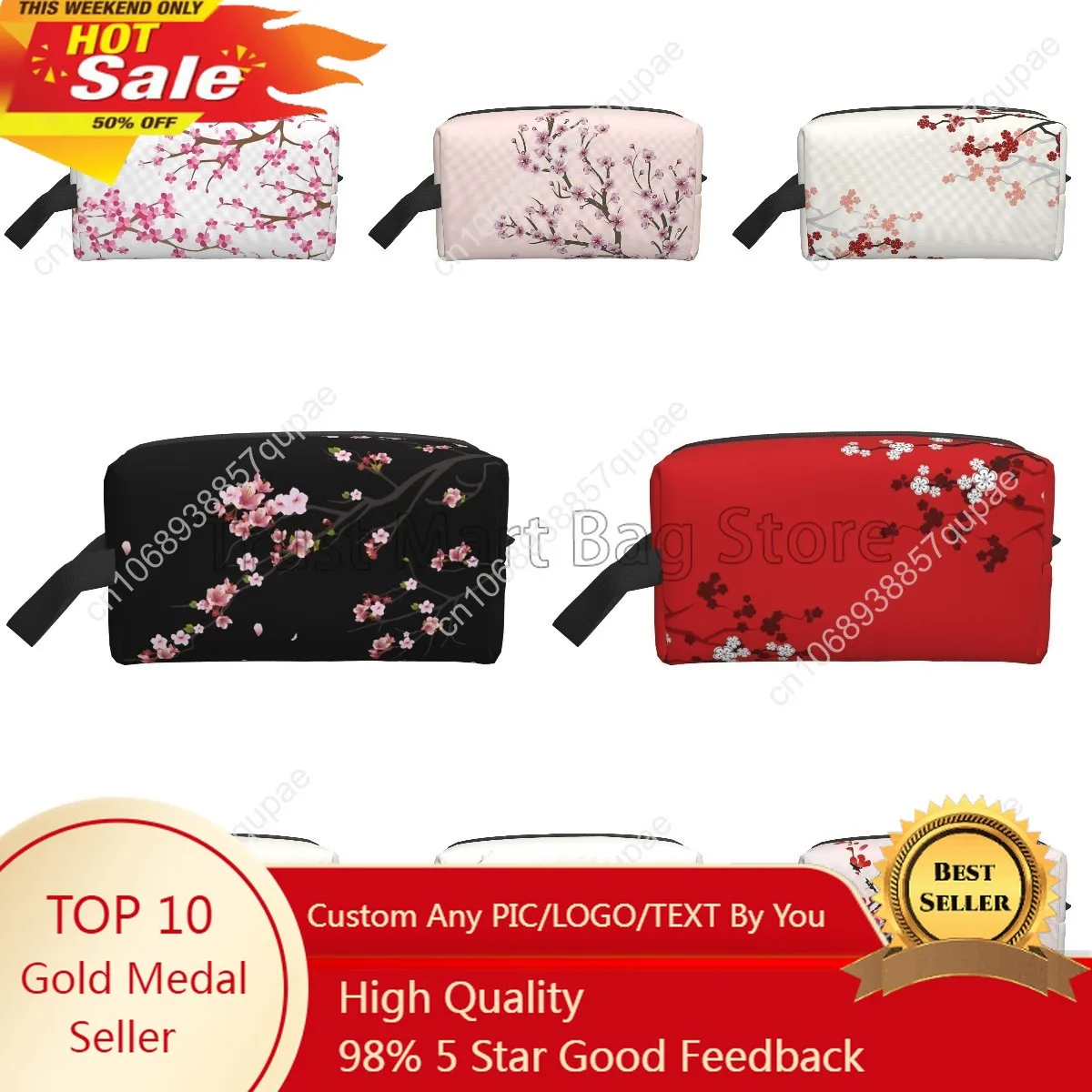 

Japanese Sakura Cherry Blossoms Print Cosmetic Bags for Women Zipper Travel Toiletry Pouch Large Water Resistant Makeup Bag Gift