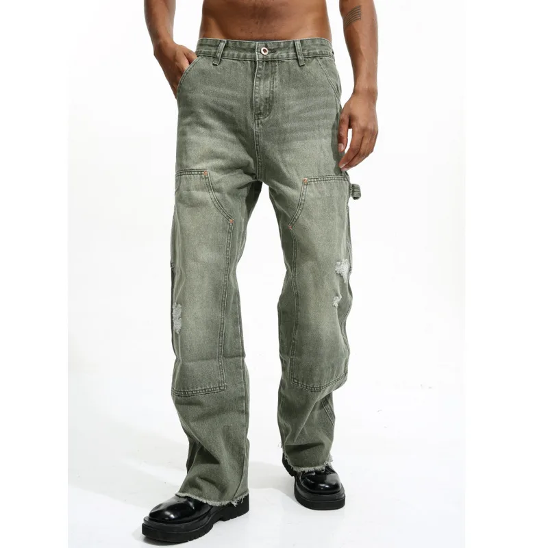 سراويل كاجوال متعددة الاستخدامات شبابية وعصرية للرجال مع فتحات وطيات، جينز فضفاض بأرجل مستقيمة #3