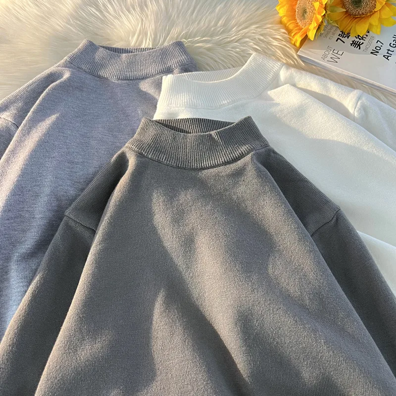 

Мужской свободный повседневный трикотажный свитер с высоким воротником, однотонный, базовый слой, модный, простой, универсальный, осенне-зимний