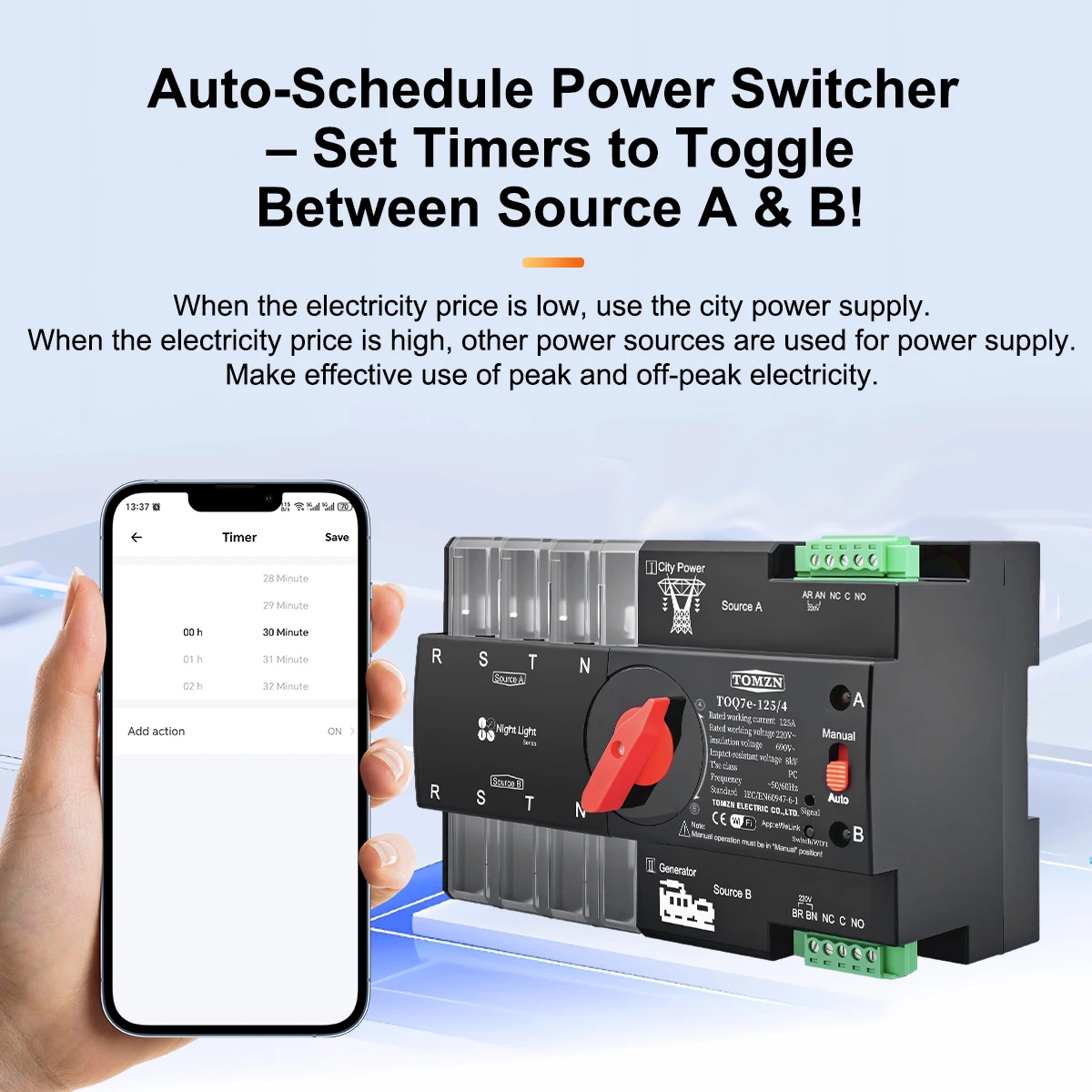TOMZN eWelink 2P 3P 4P WIFI Smart ATS Timer 230V Dual Power Automatic Transfer Selector Switch Uninterrupted Remote Control 125A